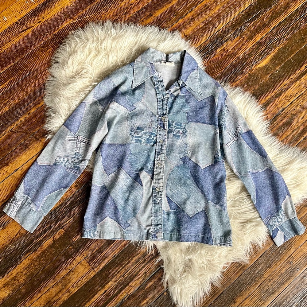70s Jean Patchwork Print Button Up